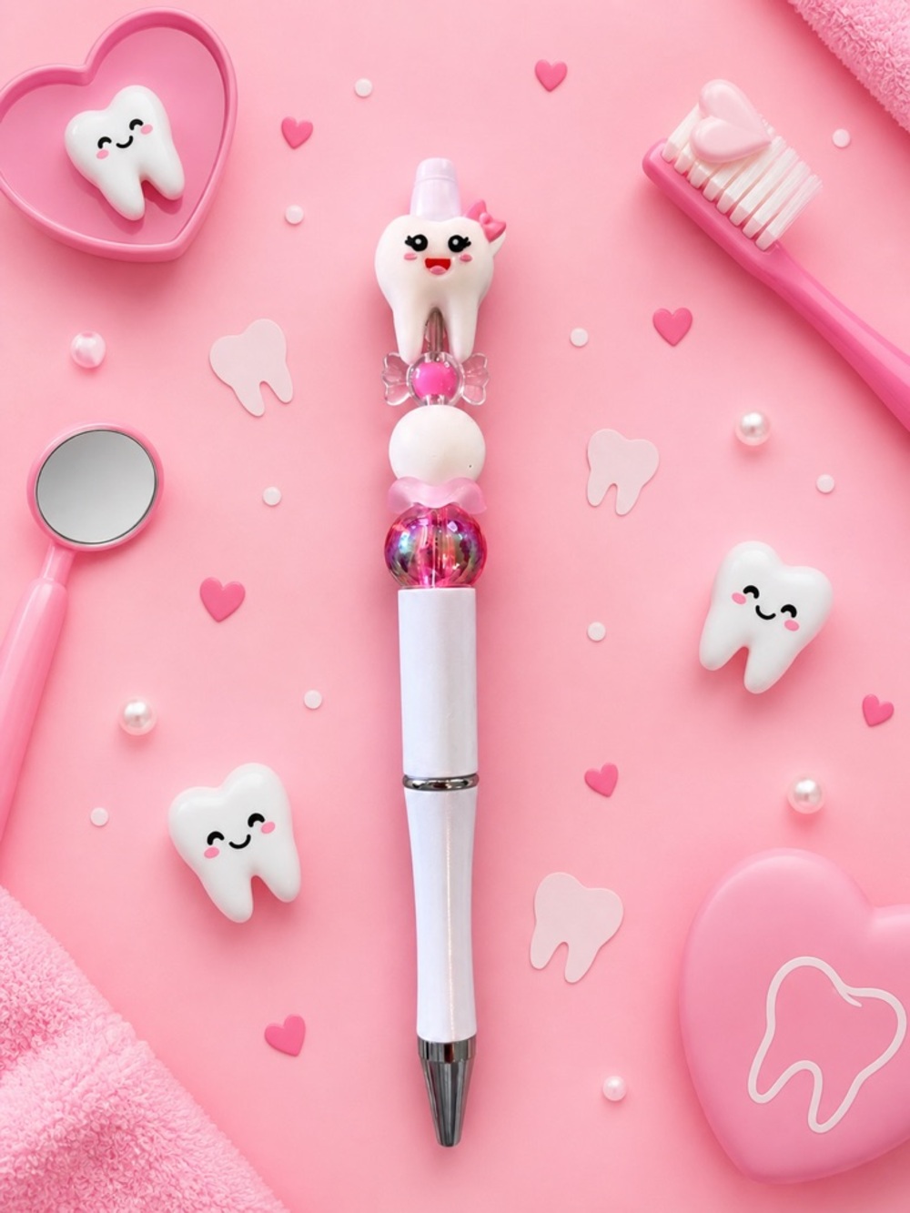 Handmade fun Tooth Charm Ballpoint Pen - Pink & White